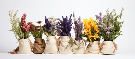 Wall Mural - A row of vases filled with various types of flowers adds color and beauty to the landscape, creating a natural and artistic display for any event