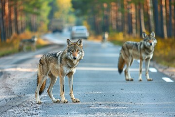 Wolfs standing on the road near forest at early morning or evening time. Road hazards, wildlife and transport.