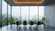 Modern meeting room with large windows, view back chair, outside building, city, tower view, soft focus.
