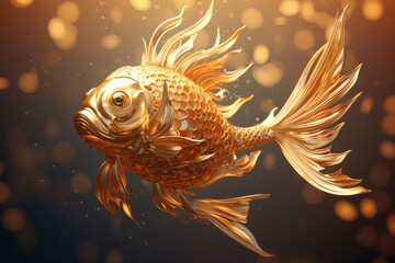 Wall Mural - Golden fish underwater, dark background.