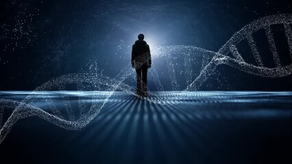 Poster - man standing in digital loop network with dna chain loop animation.