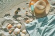 Top view of beach essentials including a towel, sunglasses, straw hat, and sunscreen bottle arranged on sandy beach, ideal for a banner background with a summer holiday theme