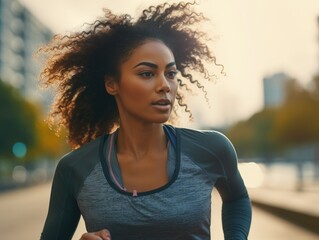 Wall Mural - Woman with curly hair is running on sidewalk