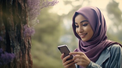 Wall Mural - Woman wearing purple scarf is looking at her cell phone
