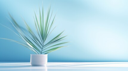 Sticker - White vase with green leaf in it sits on table in front of blue wall