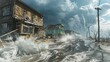 hurricanes hitting the sea coast Showing the giant waves crashing onto the shore. Rusted houses.