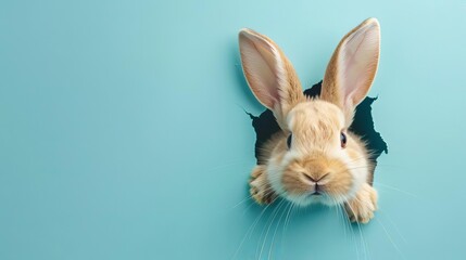 Wall Mural - Cute Easter bunny peeking out of hole in blue wall, fluffy ears and whiskers adding charm and playfulness to spring holiday concept