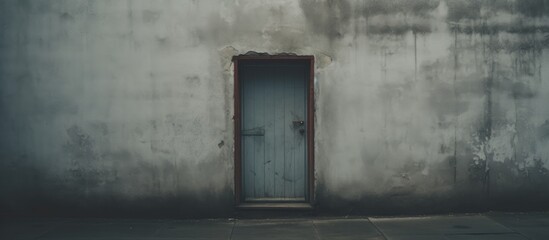 Sticker - A rectangular wooden door with a blue tint stands in symmetry against a concrete wall, blending into the darkness of the room