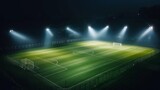 Fototapeta Sport - Stadium floodlights illuminating soccer field at night, creating dramatic atmosphere for evening sports events and matches