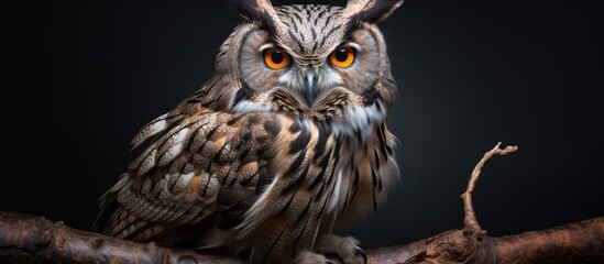 Poster - The owl, a bird of prey, is perched on a tree branch with its piercing eyes staring directly at the camera, showcasing its terrestrial animal features such as its beak and snout