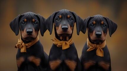 Wall Mural - Group of dog with ribbon, adorable cute funny puppies posing at camera studio shot, pet animal in costume festive season message greeting card concept