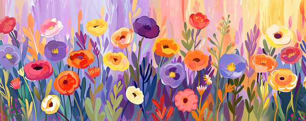 Wall Mural - Botanical art panorama with summer flowers. Abstract background with nature.
