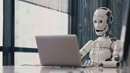 The AI robot sits at a desk, typing on a laptop. The robot appears to work in the manner of an office employee. Interaction between humans and artificial intelligence technologies.