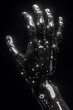 A cybernetic hand with a humanoid design, characterized by defined lines contrasted against dark shading, scanlines, a silhouette, and a textured appearance reminiscent of film grain.