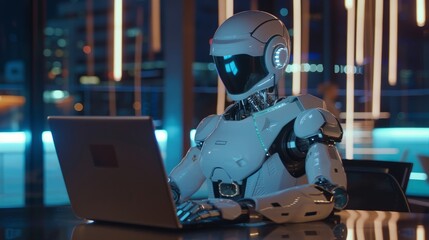 The AI robot sits at a desk, typing on a laptop. The robot appears to work in the manner of an office employee. Interaction between humans and artificial intelligence technologies.