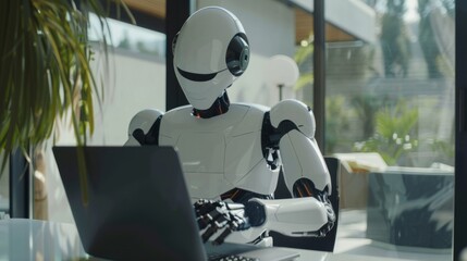 The AI robot sits at a desk, typing on a laptop. The robot appears to work in the manner of an office employee. Interaction between humans and artificial intelligence technologies.