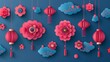 In a modern 3D paper cut style with Sakuras, Peonies, and Lanterns, this modern illustration includes Chinese decorative icons, clouds, flowers, and lights.