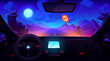 View from inside car through windshield on road in desert at night under full moon light. Cartoon vector driverless automobile interior with steering wheel, control dashboard with gps navigator.