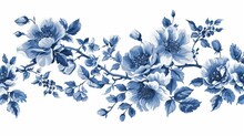Vintage Floral Illustration On A Blue And White Greeting Card. Bloom. Chinoiserie. Horizontal Frame. Vintage Floral Illustration.