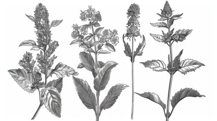 Wall Mural - The set includes herbs and wild flowers in a style of engraving. This is a black and white illustration in the style of an engraving.