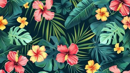 Wall Mural - Seamless tropical pattern with palm leaves and flowers. Modern illustration.