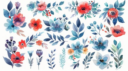 Colorful floral collection of isolated leaves and flowers, drawing watercolor. Perfect for invitations, wedding cards, and greeting cards.