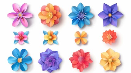 Wall Mural - Set of modern paper flowers illustration. Isolated on white background. 3D origami abstract flower icons. This style is ideal for banners, posters, promotions, web sites, online shopping, and