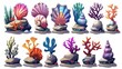 A collection of cartoon modern illustrations showing the evolution of underwater seashells on stones with coral and algae. Marine or aquarium horned clams. Sea shell and vessel game level rank UI