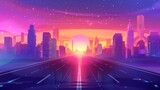 Fototapeta  - A modern city highway in the dawn light. Modern cartoon illustration of an urban road perspective, the sun rising in a pink and purple dawn sky with stars, buildings with offices and homes, a
