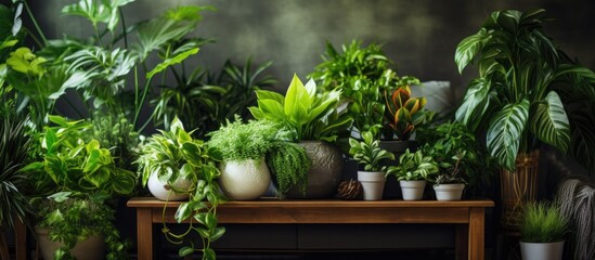 Poster - A variety of houseplants, including flowers, shrubs, and trees, are displayed in flowerpots on a wooden table, creating a picturesque landscape indoors