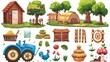 Modern cartoon illustration of blue tractor, wooden barn house, chicken coop, haystack and apple tree, funny hen, village garden assets isolated on white background.