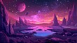 Illustration of pink and purple space background, stars shimmering in the night sky, water puddles and stones in martian desert, cosmos on alien planet.