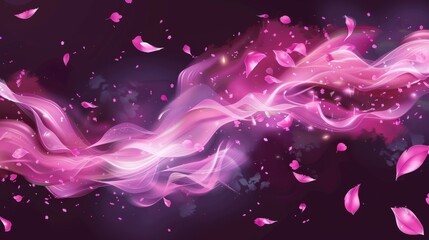 Wall Mural - There's a pink fragrance wind swirl with glowing smoke and cherry tree petals. A realistic modern illustration of abstract air spray or neon mist.