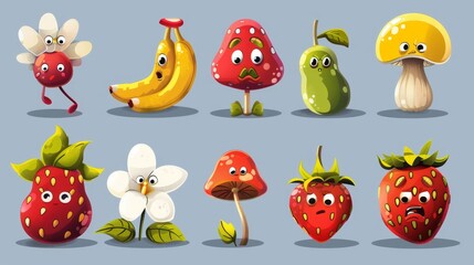 Wall Mural - Retro groovy cartoon characters with daisy and mushroom, banana and strawberry, surrounded by decorative elements. Modern set of cute fruits and flowers with funny faces.