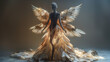 Golden-lighted mannequin with angel-like feather dress and wings