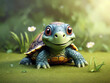 Happy and Playful Cartoon Turtle Sitting in Grass