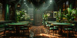 Traditional Irish pub decorated for St. Patrick's Day ,Stylish cafe interior with green plants and natural light