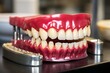 Photo of a full upper jaw denture against the backdrop of dental equipment, showing its details and quality of manufacture.