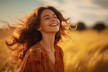 Wall Mural - Portrait of calm happy beautiful smiling free woman with closed eyes enjoys a beautiful moment life on the fields