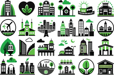 Wall Mural - set-of-30-green-city-line-icons-set-black-and-whit .eps