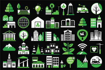 Wall Mural - set-of-30-green-city-line-icons-set-black-and-white.eps