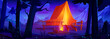 Camping area with tent on wooden patio with bright light inside and flame in campfire in forest near mountains at night. Cartoon vector summer landscape for outdoor countryside adventure concept.
