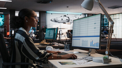 Aufkleber - African Female Manager Using Desktop Computer With Analytics Software wth Financial Reports. Woman Working In Game Development Company Diverse Office