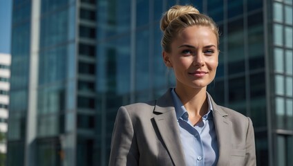 Wall Mural - portrait of a business woman in front of a glass office building