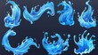 The modern set depicts flowing and falling pure aqua, liquid splashing on a transparent background with splashes, swirls, and drops.