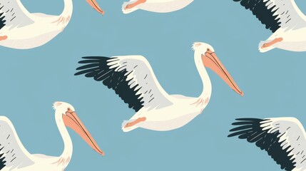 Wall Mural - A seamless pattern of pelicans in the tropics. Cute tropical winged birds, repeating pattern. Endless fauna background for textile, fabric, wrapping, wallpaper. A flat modern illustration for