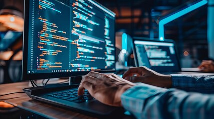 Programmer coding on laptop, software development and web design concept