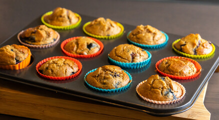 Poster -  A close-up shot of homemade vegan banana blueberry muffins arranged in a baking tray