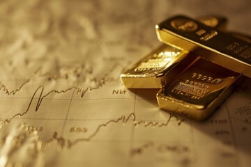 Wall Mural - Stacks of gold coins and gold bars on a financial chart with candlestick patterns indicating market trends.