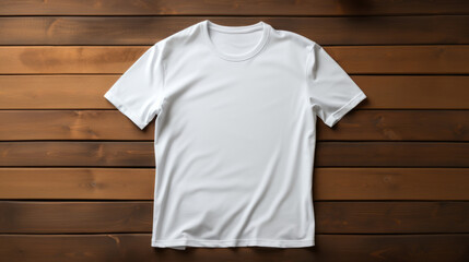 Wall Mural - White t-shirt on wooden background. Mockup of t-shirt.